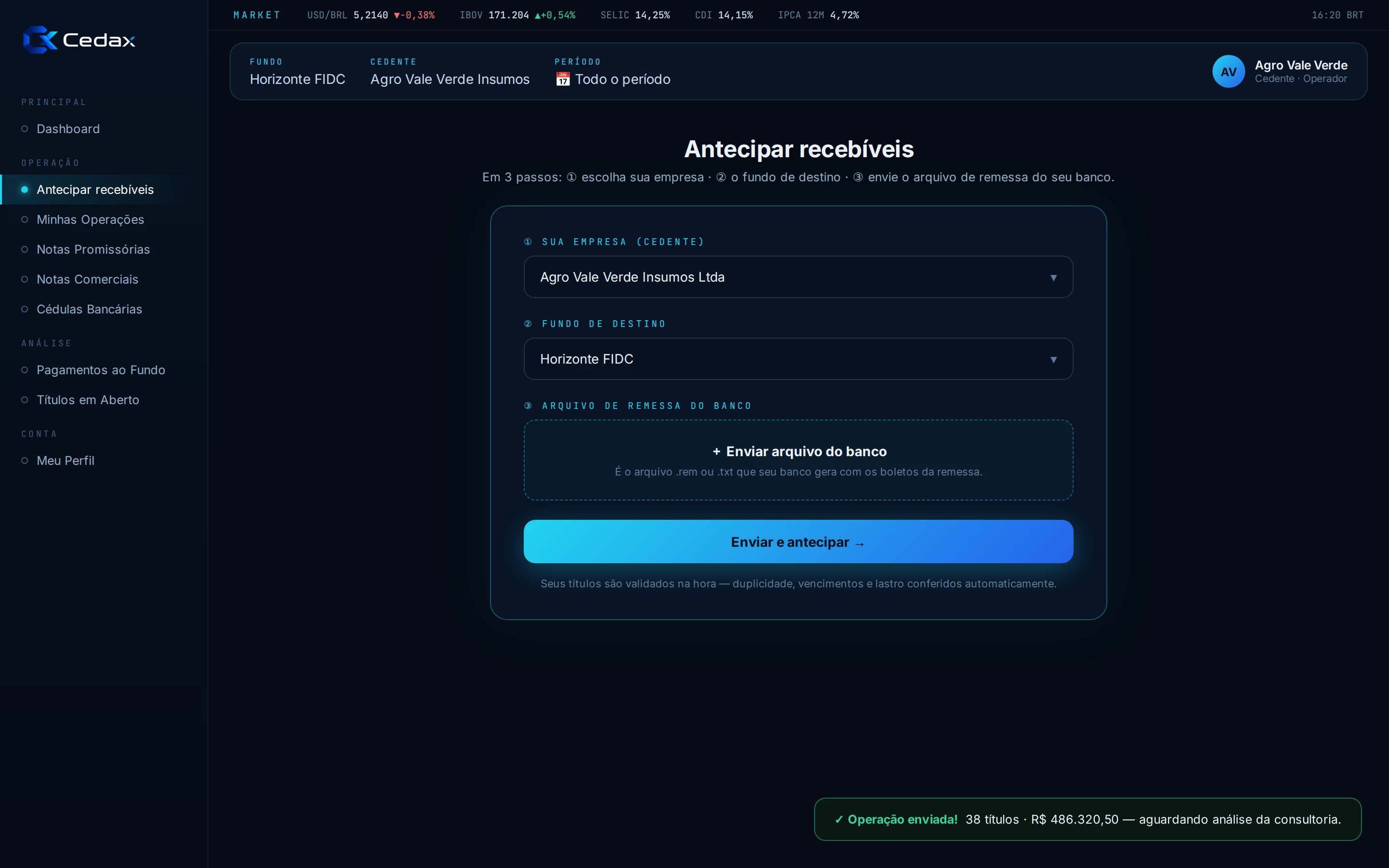 Portal do cedente — antecipar recebíveis em 3 passos