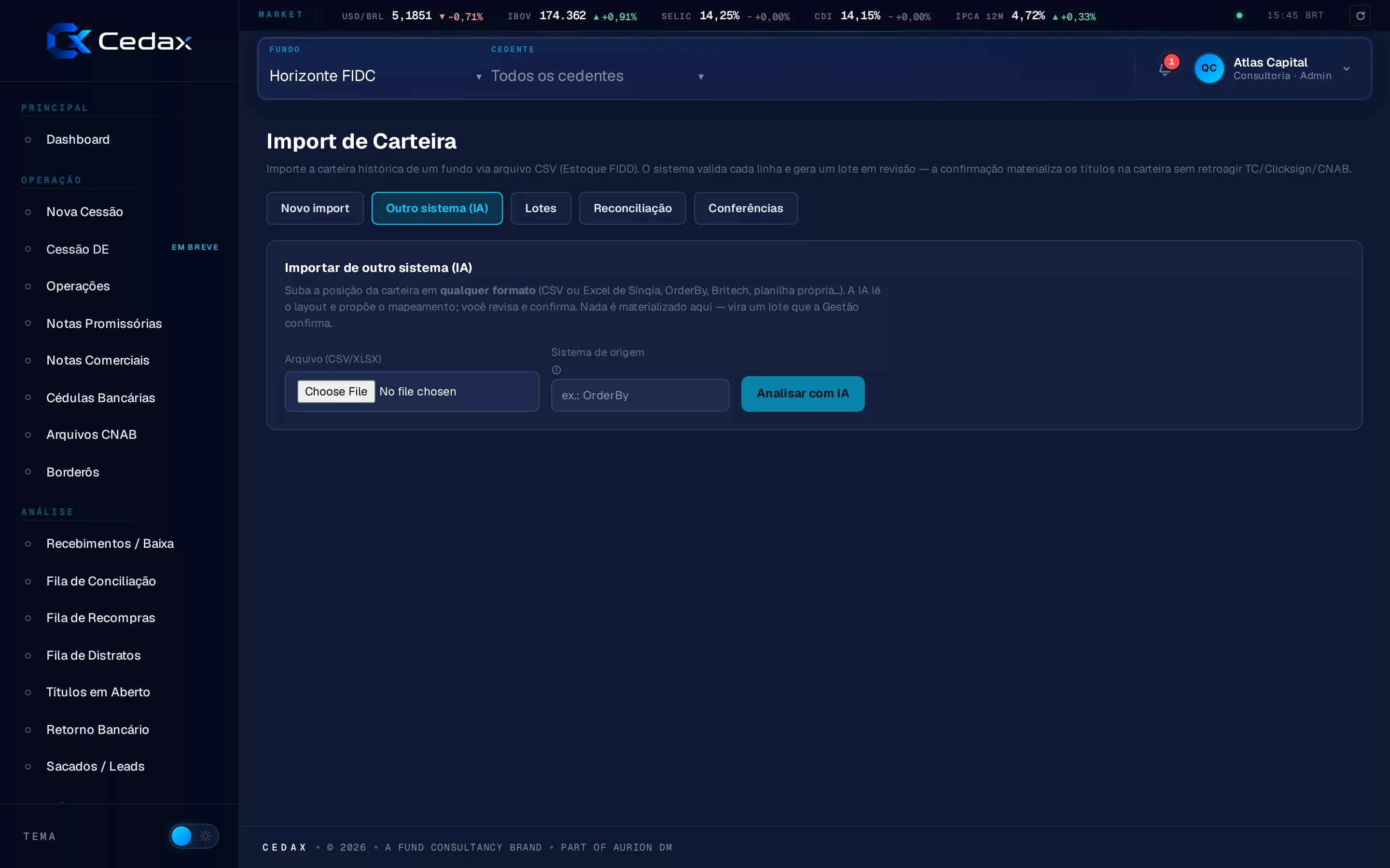 Import de carteira com IA — a Cedax lê o layout de qualquer sistema